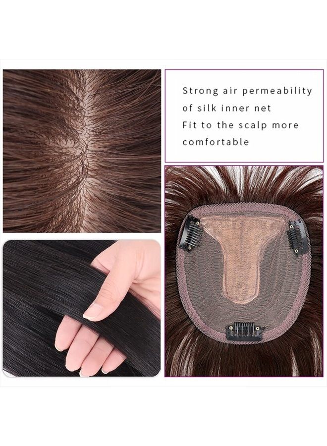 LesafeV Middle Part Silk Part Base Human Hair Topper 7x10cm Crown Straight Clip in Hairpiece with Wispy Fringe 20cm Medium Brown - Image 5