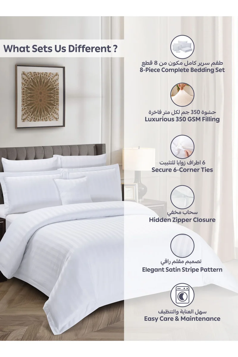 Donetella Striped Comforter Set, King Size (260x240 cm), 8-Piece Hotel Bedding with 350 GSM Filling – Comforter, Comforter Cover, Fitted Sheet, Pillowcases &amp; Cushion Cover