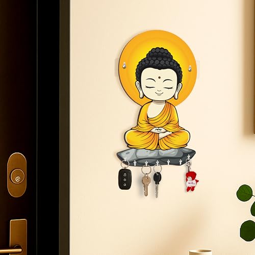 Rousrie Baby Krishna Wall-Mounted Key Holder Without Drill, Brown Wooden, Modern Style, No-Drill Decorative Design, 27x15x2 cm, 8 Hooks for Home Office - Image 4