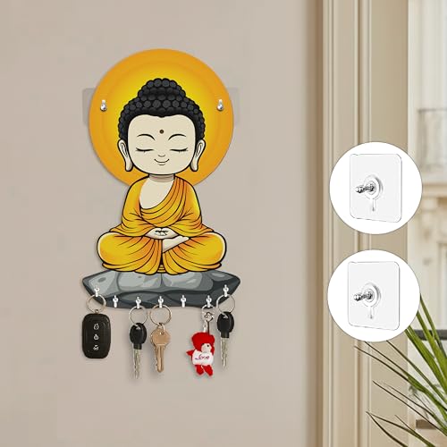 Rousrie Baby Krishna Wall-Mounted Key Holder Without Drill, Brown Wooden, Modern Style, No-Drill Decorative Design, 27x15x2 cm, 8 Hooks for Home Office - Image 2
