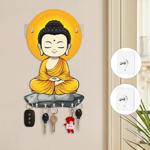 Rousrie Baby Krishna Wall-Mounted Key Holder Without Drill, Brown Wooden, Modern Style, No-Drill Decorative Design, 27x15x2 cm, 8 Hooks for Home Office - Image 1