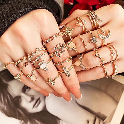 17IF 27 Pcs Gold Boho Sparkle Knuckle Rings Set for Women, Vintage Fashion Aesthetic Trendy Joint Snake Ring Pack, Retro Pink Rhinestone Assorted Moon Star Crystal Love Leaf Diamond Pearl Jewelry - Image 2