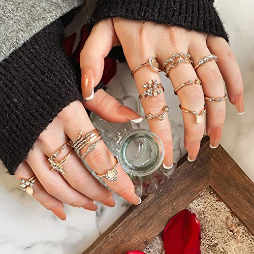 17IF 27 Pcs Gold Boho Sparkle Knuckle Rings Set for Women, Vintage Fashion Aesthetic Trendy Joint Snake Ring Pack, Retro Pink Rhinestone Assorted Moon Star Crystal Love Leaf Diamond Pearl Jewelry - Image 5