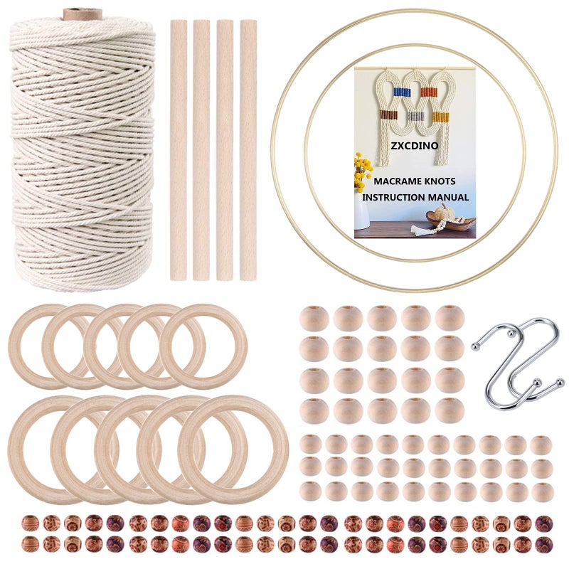 ZXCDINO 119pcs Macrame Kits for Starter 3mm x 109Yards Natural Cotton Macrame Cord with 100pcs Wooden Beads,10pcs Wooden Rings,Wooden Sticks,Metal Rings,S Hooks Macrame Supplies for Plant Hangers - Image 1