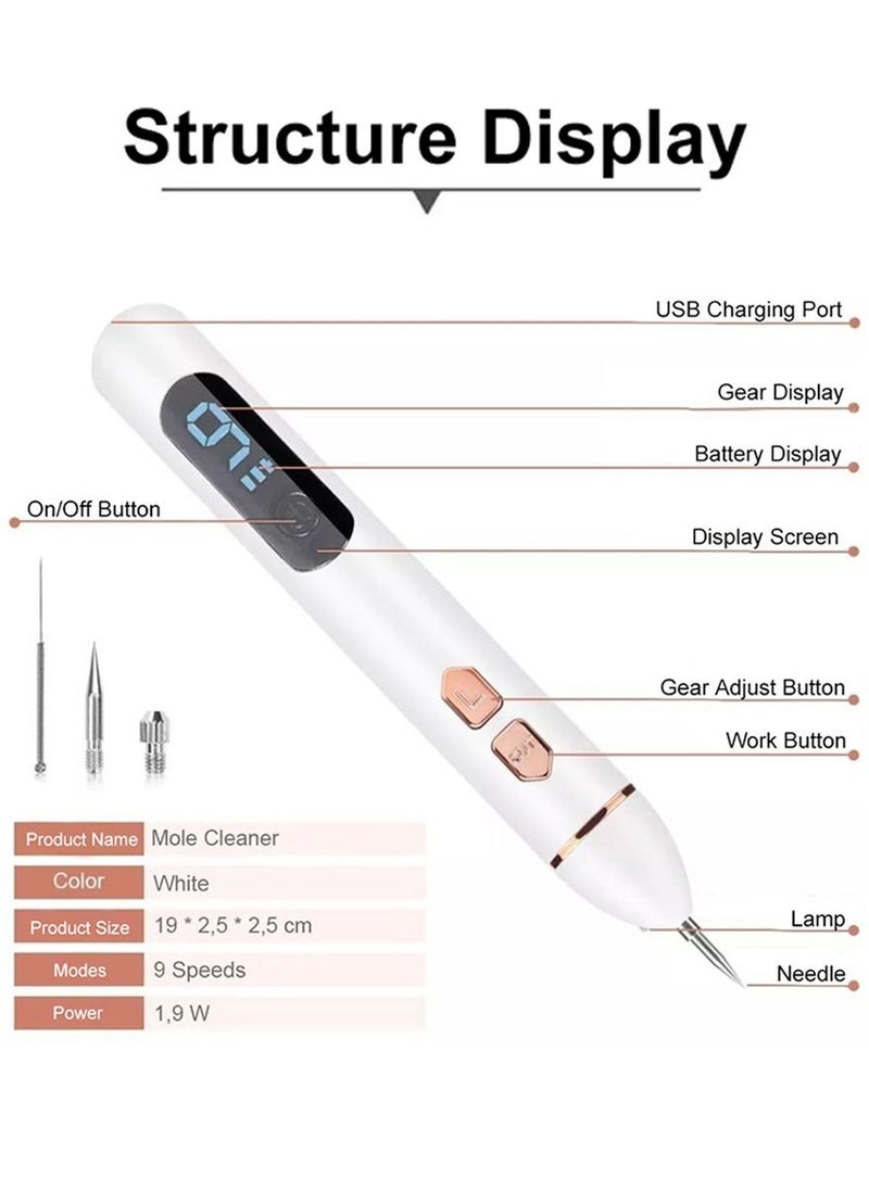 Laser Pen for Moles, Spot Eraser with 9 Modes and LCD Display Replaceable Needle, USB Rechargeable Mole Removal Pen Skin Tag Removal Tool for Wart Spot Tattoo Body Freckles