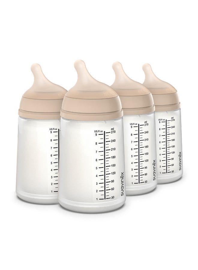 SUAVINEX زيرو زيرو زجاجة رضاعة مضادة للمغص للأطفال، العلامة التجارية رقم 1 في إسبانيا لزجاجات الرضاعة، مثالية للأطفال الذين يرضعون طبيعياً 270 مل × 4 مجموعة من 4 - خفيفة - Image 1