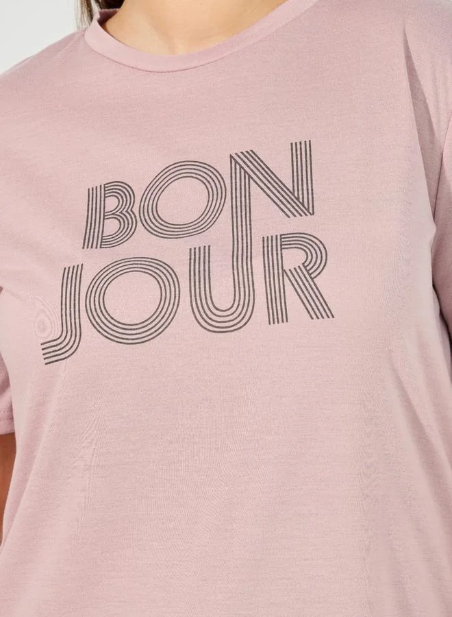 Styli Plus Size Bonjour Slogan Ruffle Hem Sleep T-Shirt Dress