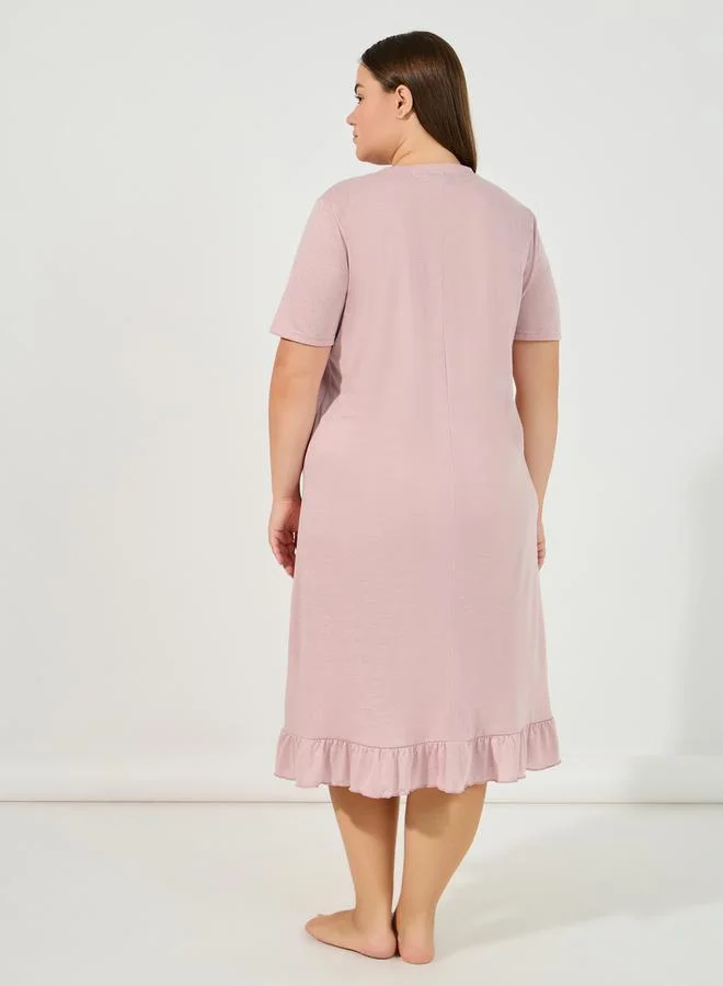 Styli Plus Size Bonjour Slogan Ruffle Hem Sleep T-Shirt Dress