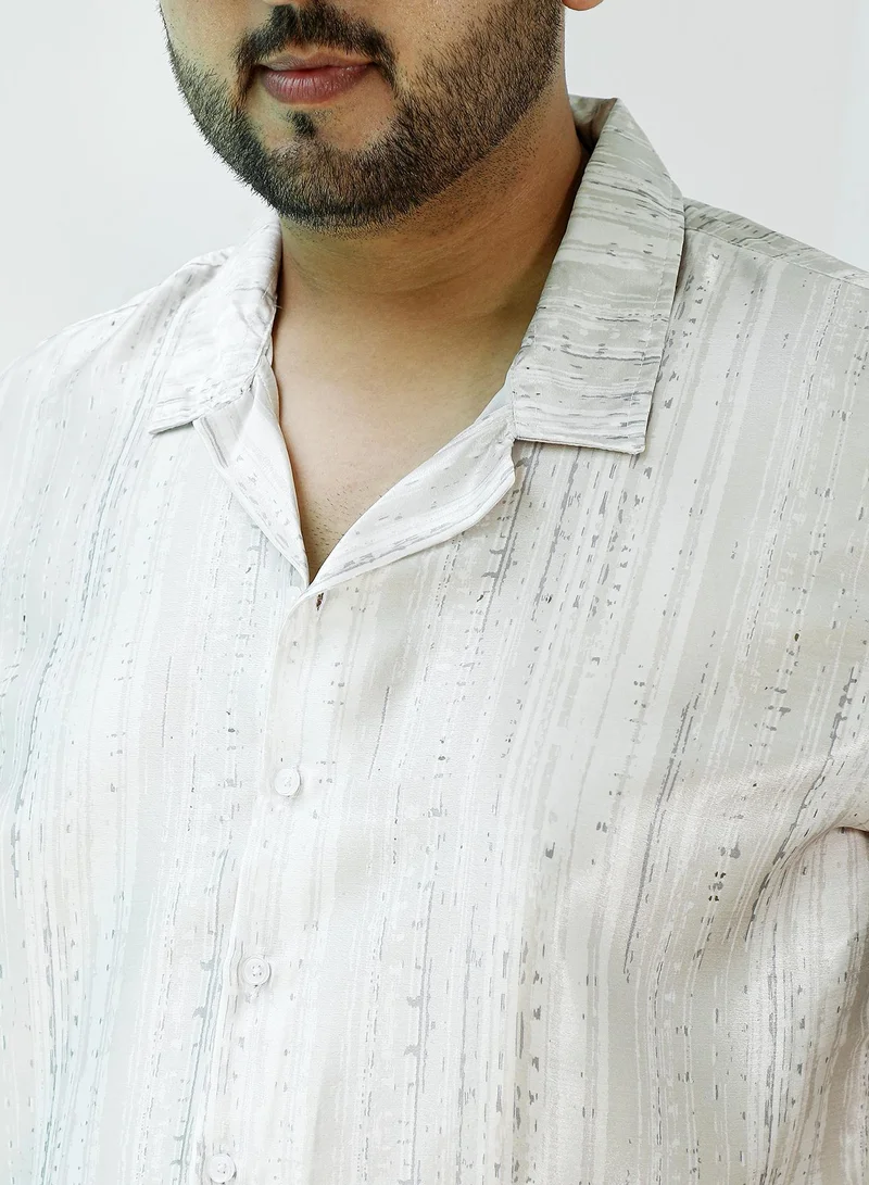 Instafab Plus Instafab Plus Men's Ivory White & Olive Green Earthy Strokes Shirt For Casual Wear | Cuban Collar | Short Regular Sleeves | Button Closure | Plus Size Shirt Crafted With Comfort Fit For Everyday Wear