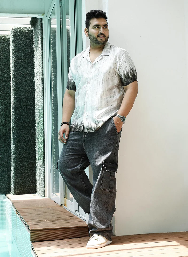 Instafab Plus Instafab Plus Men's Ivory White & Olive Green Earthy Strokes Shirt For Casual Wear | Cuban Collar | Short Regular Sleeves | Button Closure | Plus Size Shirt Crafted With Comfort Fit For Everyday Wear