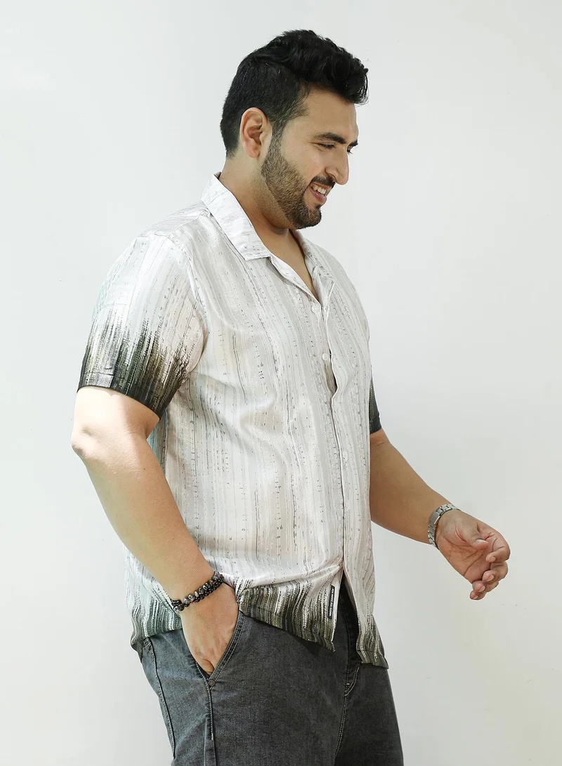 Instafab Plus Instafab Plus Men's Ivory White & Olive Green Earthy Strokes Shirt For Casual Wear | Cuban Collar | Short Regular Sleeves | Button Closure | Plus Size Shirt Crafted With Comfort Fit For Everyday Wear