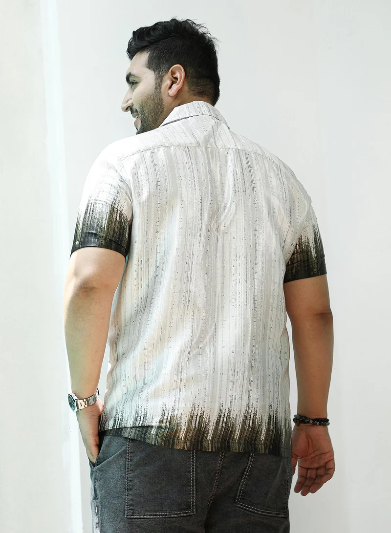 Instafab Plus Instafab Plus Men's Ivory White & Olive Green Earthy Strokes Shirt For Casual Wear | Cuban Collar | Short Regular Sleeves | Button Closure | Plus Size Shirt Crafted With Comfort Fit For Everyday Wear