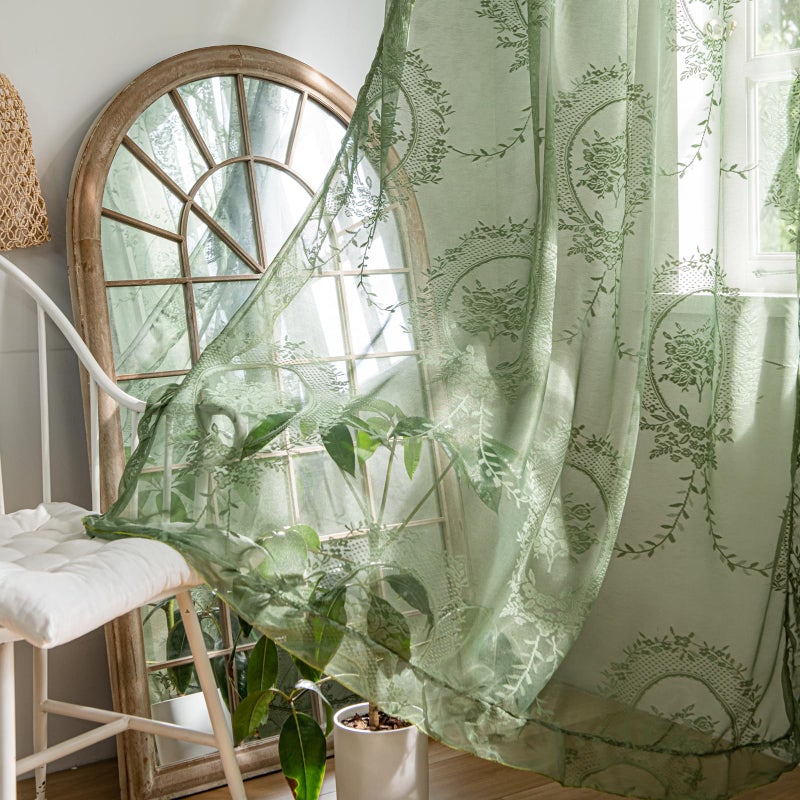 Deeprove Green Lace Curtains 84 Inches Long 2 Panels Set, Boho Sheer Florals Scallop Ruffle, Shabby Chic Vintage Window Treatment Pair Bohemian Christmas Decor Drapes for Bedroom, W57 x L84 Olive - Image 2