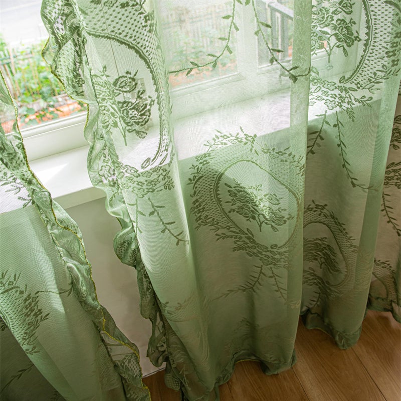 Deeprove Green Lace Curtains 84 Inches Long 2 Panels Set, Boho Sheer Florals Scallop Ruffle, Shabby Chic Vintage Window Treatment Pair Bohemian Christmas Decor Drapes for Bedroom, W57 x L84 Olive - Image 5