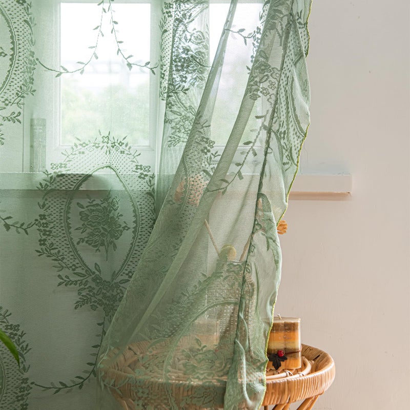 Deeprove Green Lace Curtains 84 Inches Long 2 Panels Set, Boho Sheer Florals Scallop Ruffle, Shabby Chic Vintage Window Treatment Pair Bohemian Christmas Decor Drapes for Bedroom, W57 x L84 Olive - Image 4
