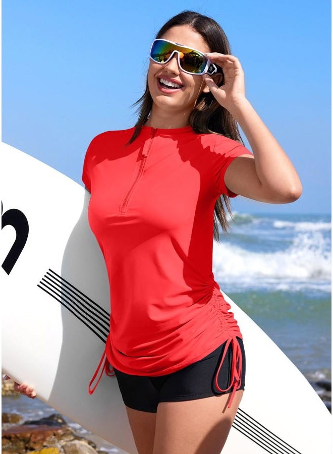 BesserBay Women's Rash Guard UPF 50+ Ruched Swim Shirt 1/4 Zip Performance Top S-XXL, Coral, L - Image 4