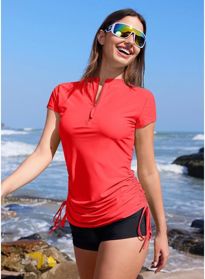 BesserBay Women's Rash Guard UPF 50+ Ruched Swim Shirt 1/4 Zip Performance Top S-XXL, Coral, L - Image 3