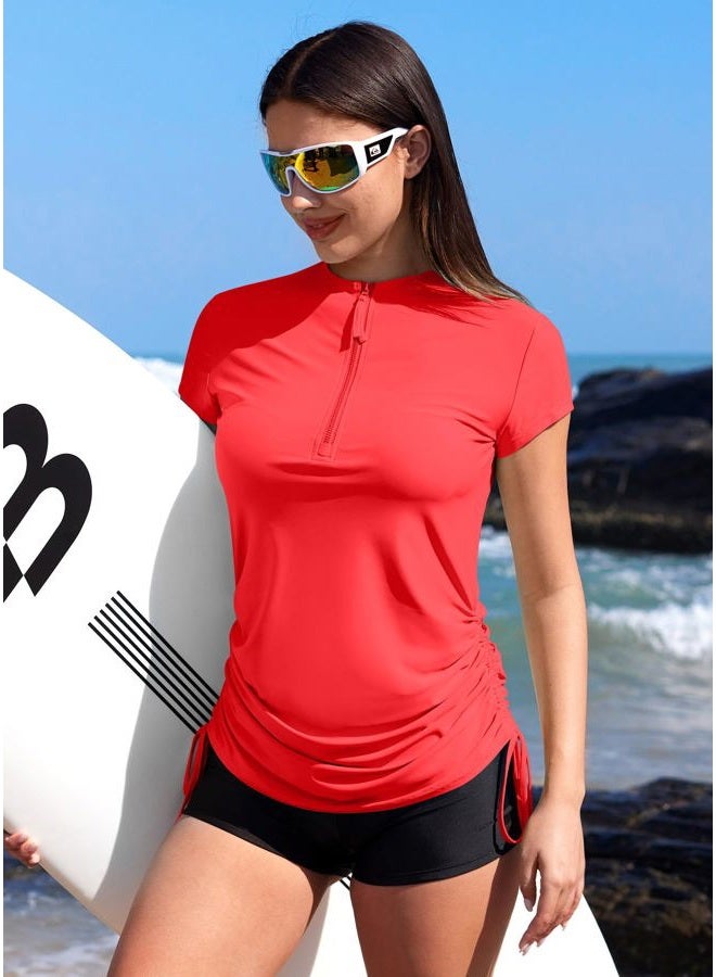 BesserBay Women's Rash Guard UPF 50+ Ruched Swim Shirt 1/4 Zip Performance Top S-XXL, Coral, L - Image 5