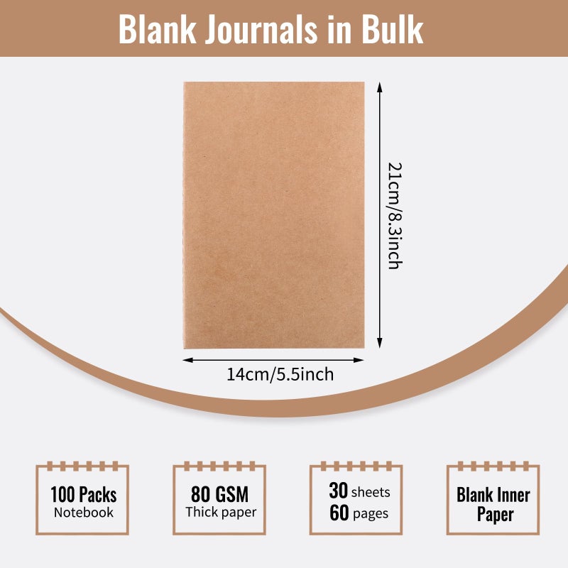EOOUT 100pcs A5 Blank Kraft Notebooks, Journals in Bulk, Sketchbooks Bulk for Kids, 60 Pages, 80GSM, 8.3 X 5.5 Inch, Travel Journal Set, Travelers, Students and Office - Image 2
