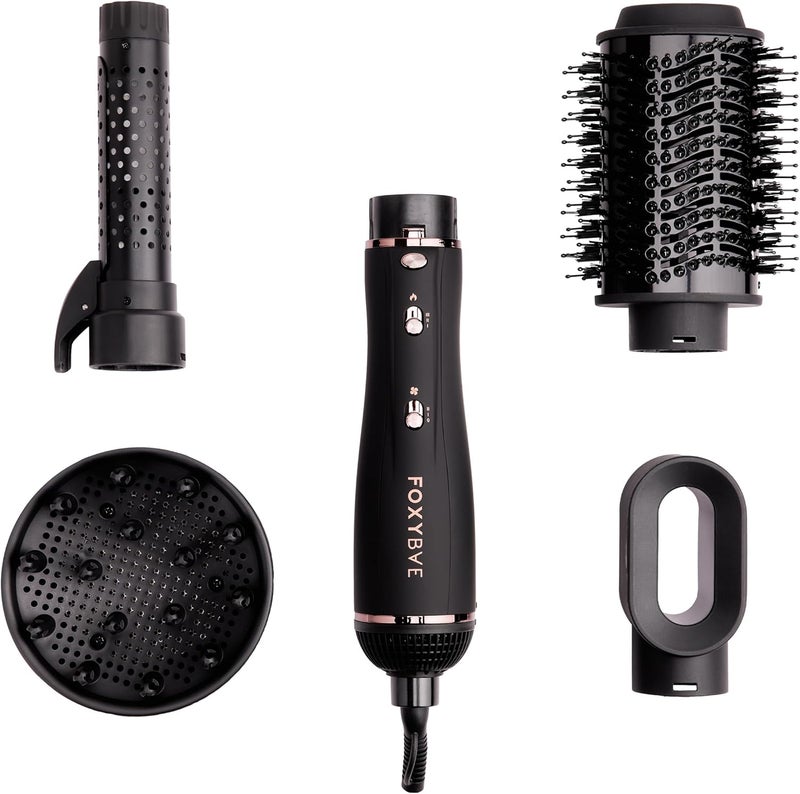 Foxybae Super Styler  4in1 Blow Dryer Brush Set  Diffuser Blowout Brush 125 Curling Barrel  Drying Cylinder  Voluminous Frizzfree Hair  Blow Dryer Straightener  Curler Black RoseGold