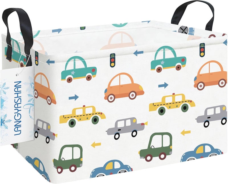 LANGYASHAN Rectangular Storage Bin Collapse Canvas Fabric Cartoon Storage Basket with Handles for Organizing Home Kitchen Boys and Girls Toys Office Closet Shelf Baskets(Rec Color Cars) - Image 1
