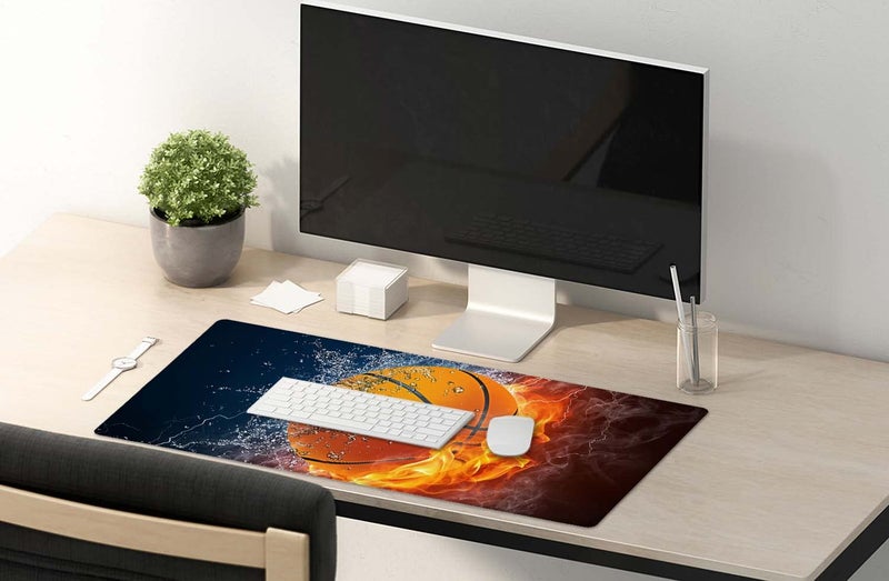 SSOIU Extended Gaming Mouse Pad (35.5x15.7 in), Basketball Ball in Fire and Water Large Non-Slip Rubber Base Mousepad with Stitched Edges, Waterproof Keyboard Mouse Mat Desk Pad for Work, Game, Office - Image 5