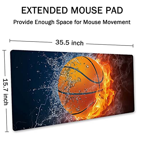 SSOIU Extended Gaming Mouse Pad (35.5x15.7 in), Basketball Ball in Fire and Water Large Non-Slip Rubber Base Mousepad with Stitched Edges, Waterproof Keyboard Mouse Mat Desk Pad for Work, Game, Office - Image 2