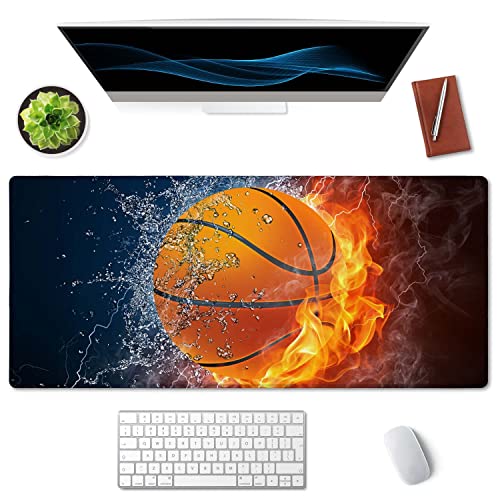 SSOIU Extended Gaming Mouse Pad (35.5x15.7 in), Basketball Ball in Fire and Water Large Non-Slip Rubber Base Mousepad with Stitched Edges, Waterproof Keyboard Mouse Mat Desk Pad for Work, Game, Office - Image 3