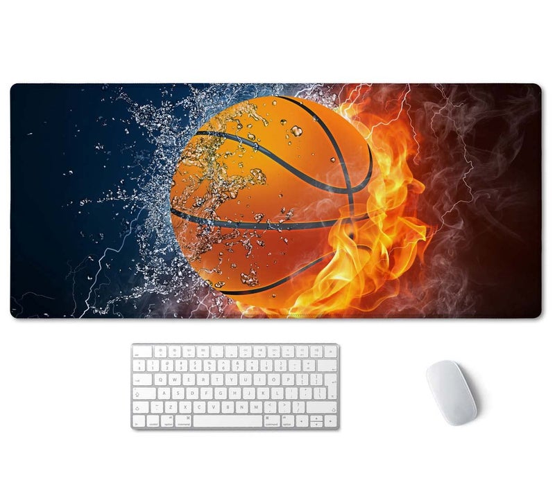 SSOIU Extended Gaming Mouse Pad (35.5x15.7 in), Basketball Ball in Fire and Water Large Non-Slip Rubber Base Mousepad with Stitched Edges, Waterproof Keyboard Mouse Mat Desk Pad for Work, Game, Office - Image 1