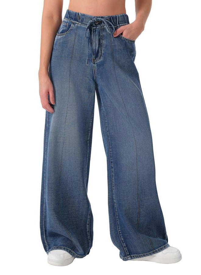roswear Womens Jeans Sweatpant Loose Fit Pull On Elastic Waist Front Seam Streetwear Pants, Washed Blue, S - Image 1