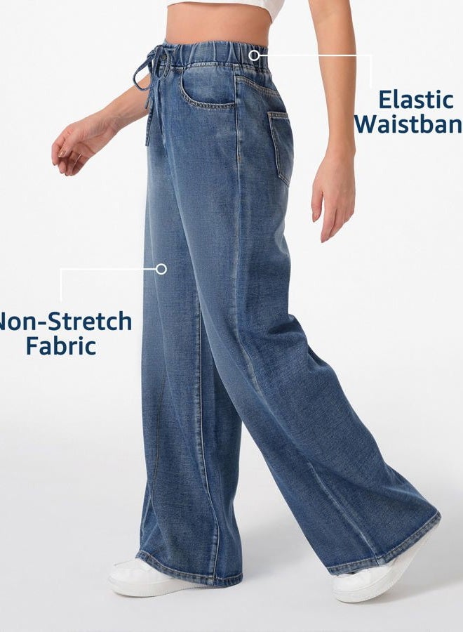 roswear Womens Jeans Sweatpant Loose Fit Pull On Elastic Waist Front Seam Streetwear Pants, Washed Blue, S - Image 3