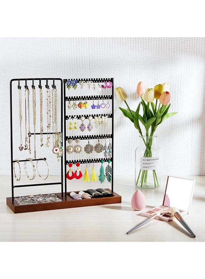 Arabest Jewelry Holder Organizer Stand Tree for Earring Necklace Ring Bracelets Display and Storage, with 90 Holes, 12 Hooks, Black+ Walnut  - Image 5