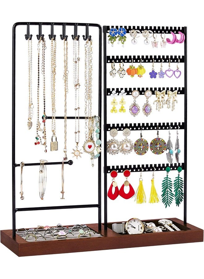 Arabest Jewelry Holder Organizer Stand Tree for Earring Necklace Ring Bracelets Display and Storage, with 90 Holes, 12 Hooks, Black+ Walnut  - Image 1