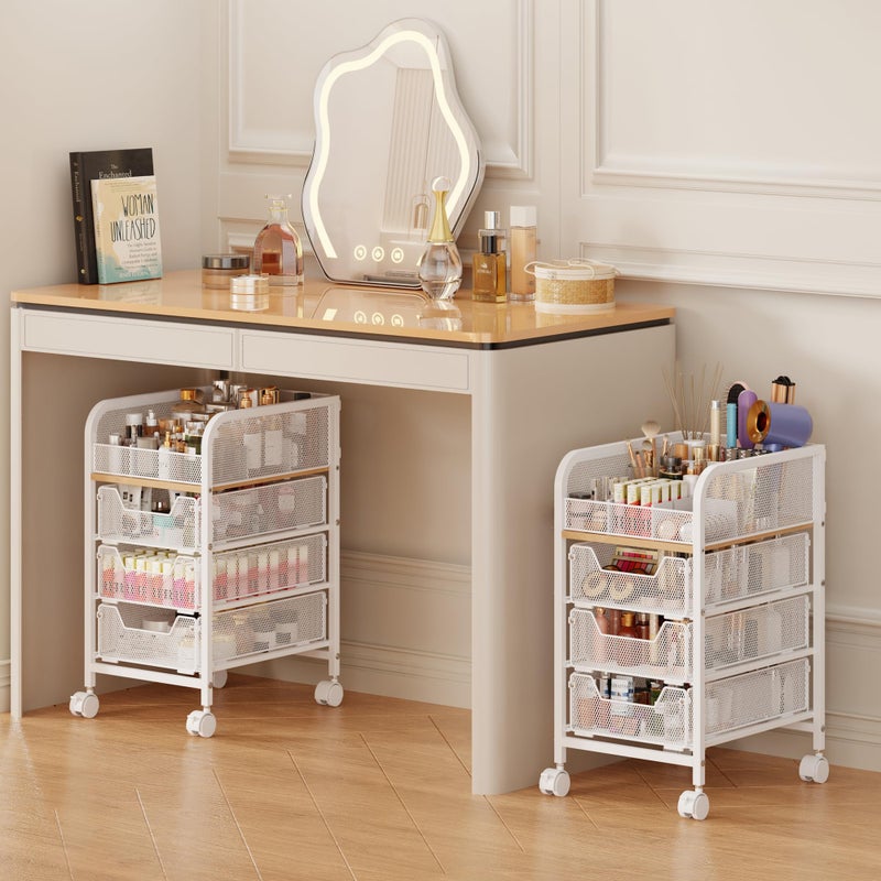 Jakyitvi Rolling Makeup Cart Organizer with 3 Drawers, 4-Tier Narrow Floor Skincare Organizers with dividers, Vanity Organizer Cosmetics Display Cases for Makeup Brush, Hair Tool, White - Image 1