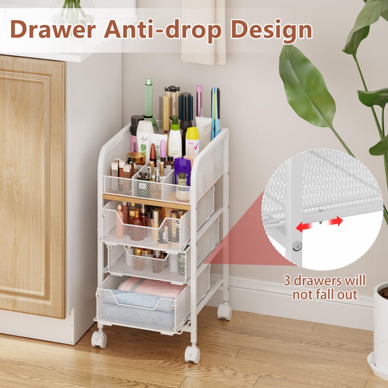 Jakyitvi Rolling Makeup Cart Organizer with 3 Drawers, 4-Tier Narrow Floor Skincare Organizers with dividers, Vanity Organizer Cosmetics Display Cases for Makeup Brush, Hair Tool, White - Image 4