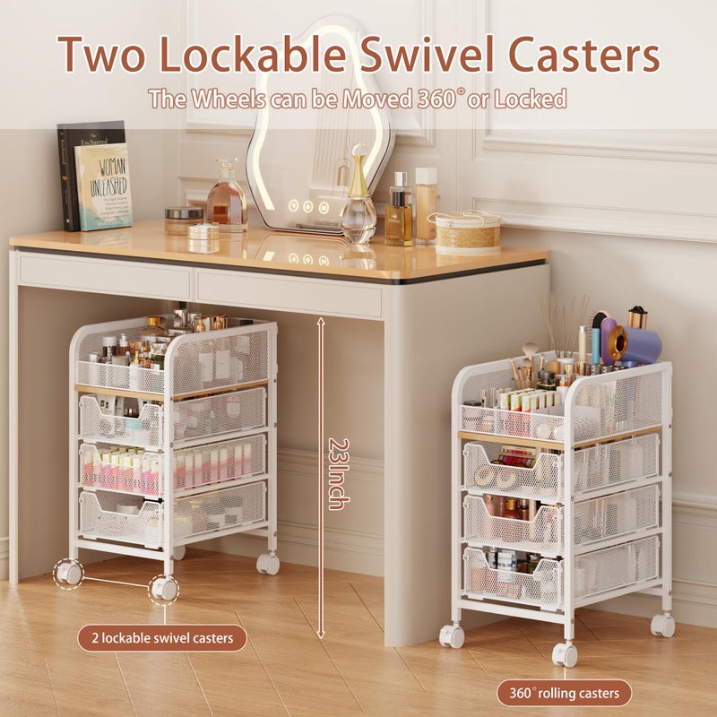 Jakyitvi Rolling Makeup Cart Organizer with 3 Drawers, 4-Tier Narrow Floor Skincare Organizers with dividers, Vanity Organizer Cosmetics Display Cases for Makeup Brush, Hair Tool, White - Image 3