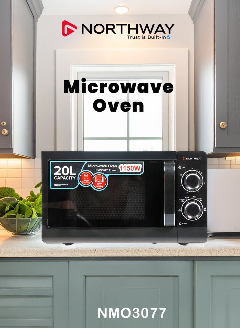 نورثواي ميكروويف 20 لتر، قدرة 1150 واط، صينية زجاجية دوارة 245 مم، 5 مستويات للطاقة، مؤقت 30 دقيقة، وظيفة إذابة التجميد، تحكم بالمقابض، باب بمقبض سحب – NMO3077 - Image 1