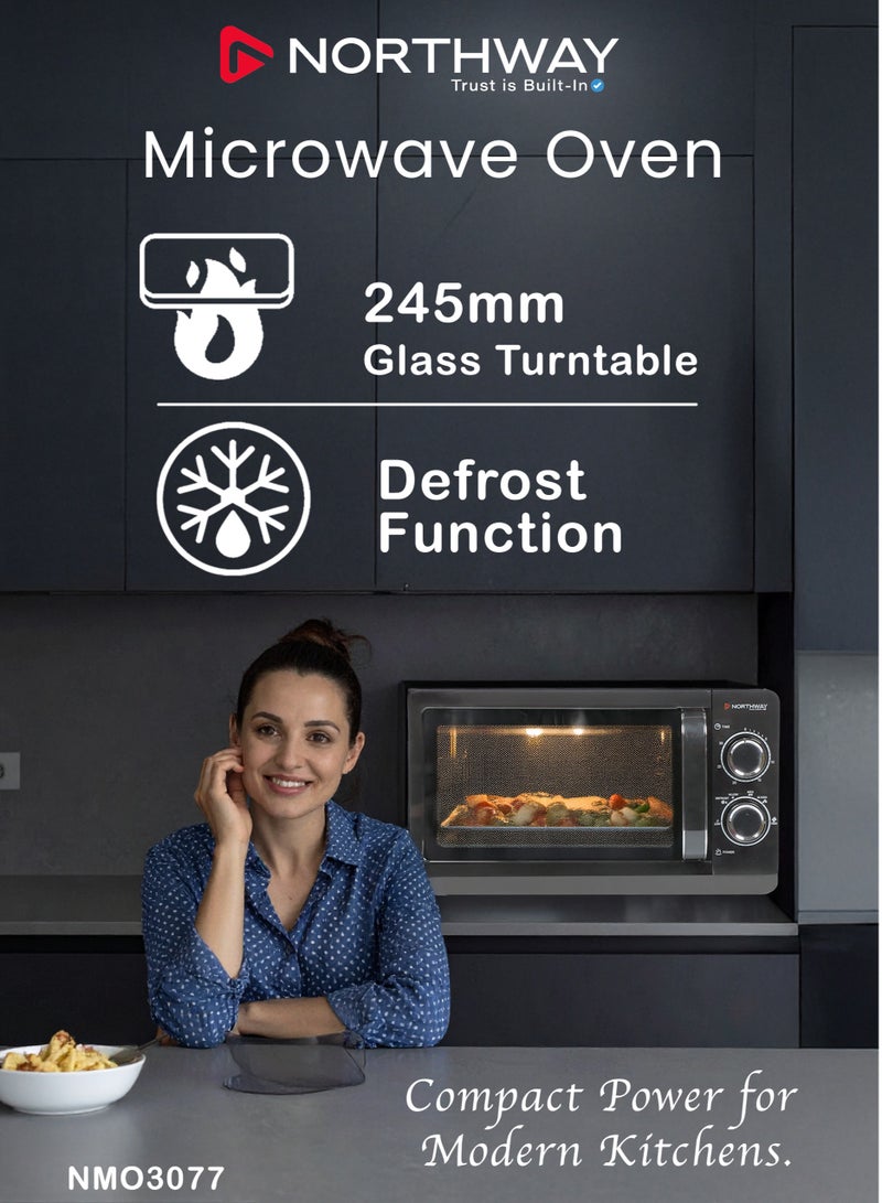 نورثواي ميكروويف 20 لتر، قدرة 1150 واط، صينية زجاجية دوارة 245 مم، 5 مستويات للطاقة، مؤقت 30 دقيقة، وظيفة إذابة التجميد، تحكم بالمقابض، باب بمقبض سحب – NMO3077 - Image 2