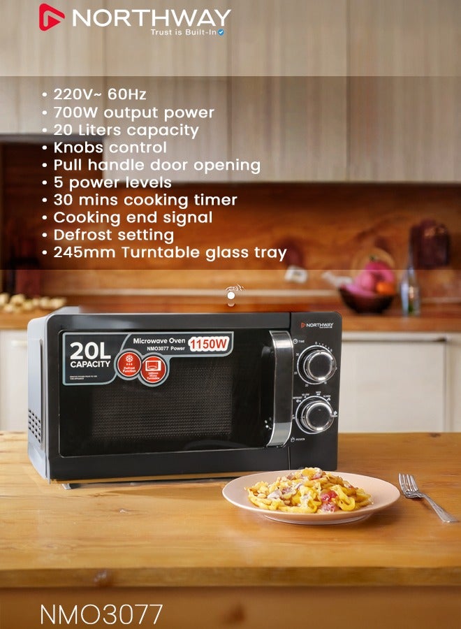 نورثواي ميكروويف 20 لتر، قدرة 1150 واط، صينية زجاجية دوارة 245 مم، 5 مستويات للطاقة، مؤقت 30 دقيقة، وظيفة إذابة التجميد، تحكم بالمقابض، باب بمقبض سحب – NMO3077 - Image 3