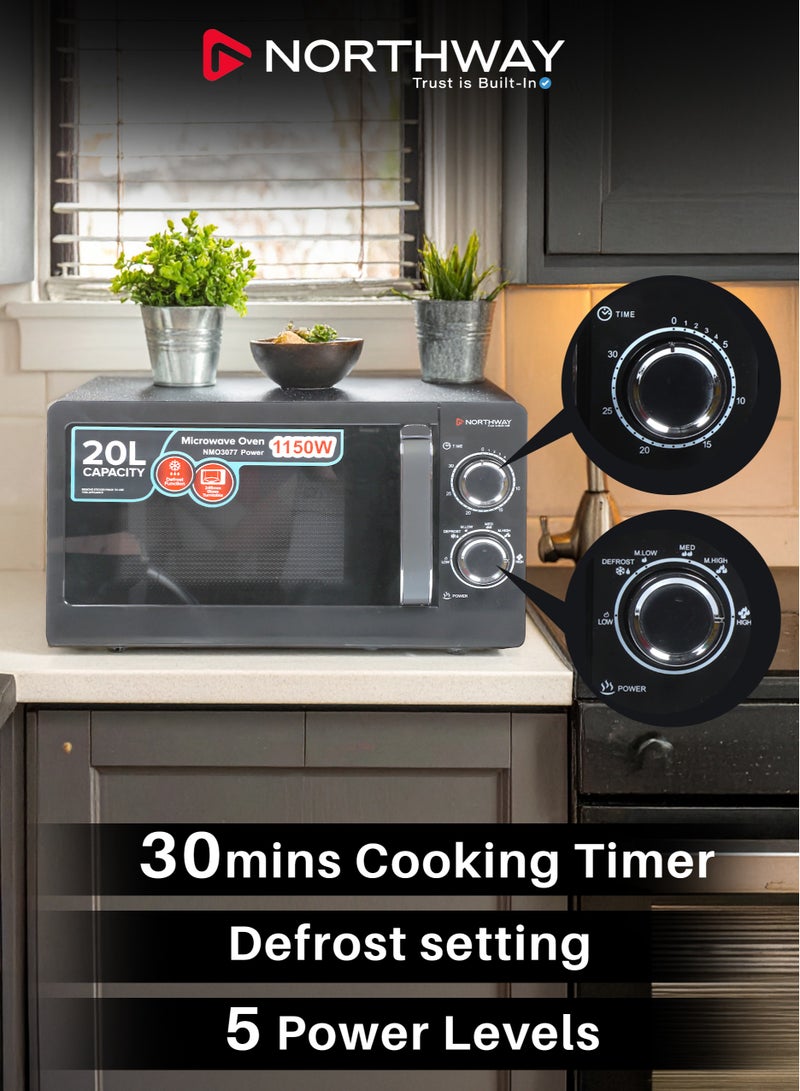 نورثواي ميكروويف 20 لتر، قدرة 1150 واط، صينية زجاجية دوارة 245 مم، 5 مستويات للطاقة، مؤقت 30 دقيقة، وظيفة إذابة التجميد، تحكم بالمقابض، باب بمقبض سحب – NMO3077 - Image 4