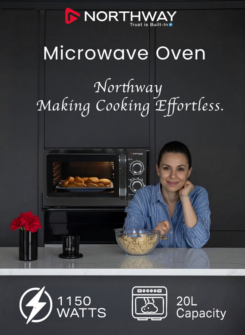 نورثواي ميكروويف 20 لتر، قدرة 1150 واط، صينية زجاجية دوارة 245 مم، 5 مستويات للطاقة، مؤقت 30 دقيقة، وظيفة إذابة التجميد، تحكم بالمقابض، باب بمقبض سحب – NMO3077 - Image 5
