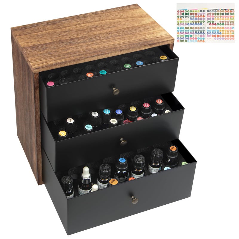 J JACKCUBE DESIGN Essential Oil Storage Box, Holds up to 124 Bottles 5-30 ml Standard and Roller Bottles, 3 Tier Metal & Wooden Drawer Case Organizer Display Container- MK584A - Image 1