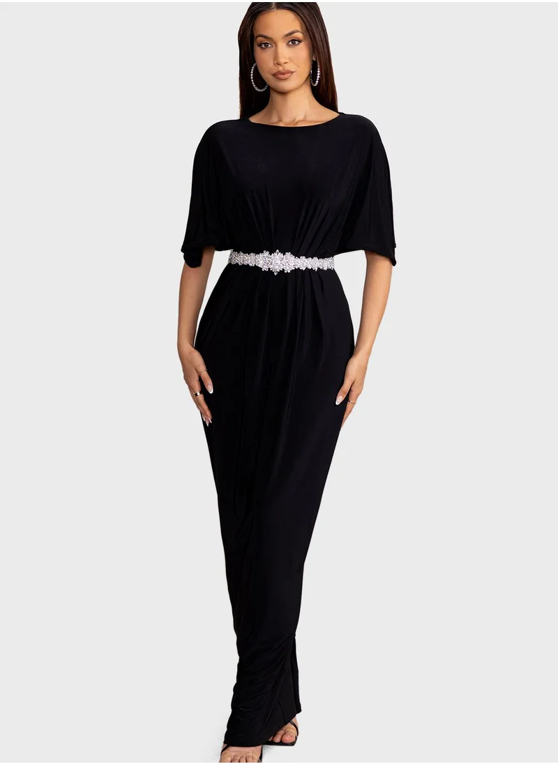 Club L London Cape Sleeve Plisse Dress with Belt