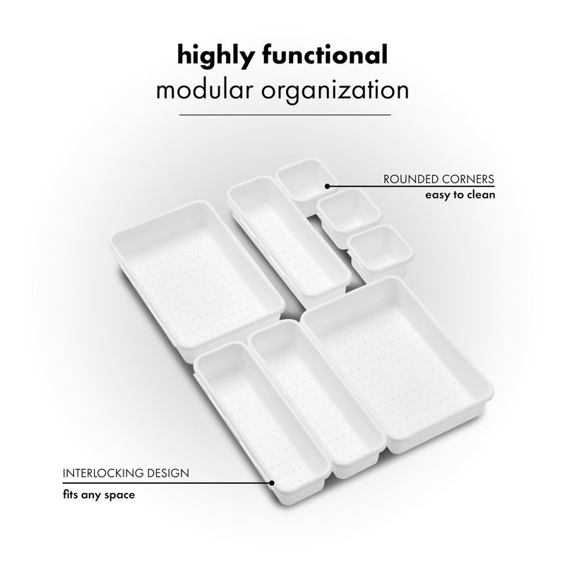 Madesmart 8-Piece Interlocking Bin Pack Customizable Multi-Purpose Drawer, One Home Organization, BPA Free, White, 8 Count - Image 2