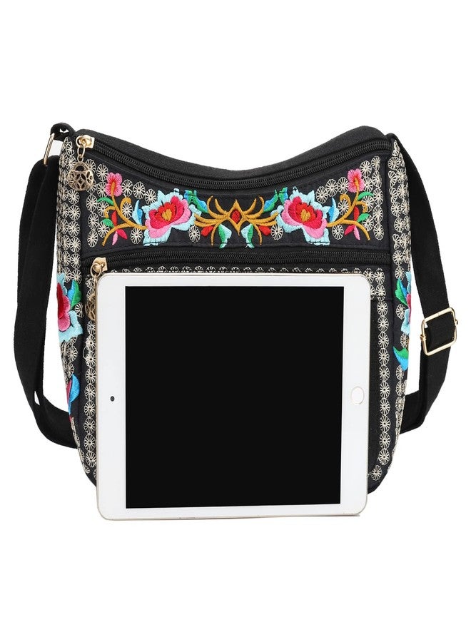 SILKAREA Embroidered Canvas 3 zip Small Crossbody Bag Cell Phone Purse Shoulder Wallet Handbags Wristlet Clutch Bag for Women (Large Red Flower) - Image 4