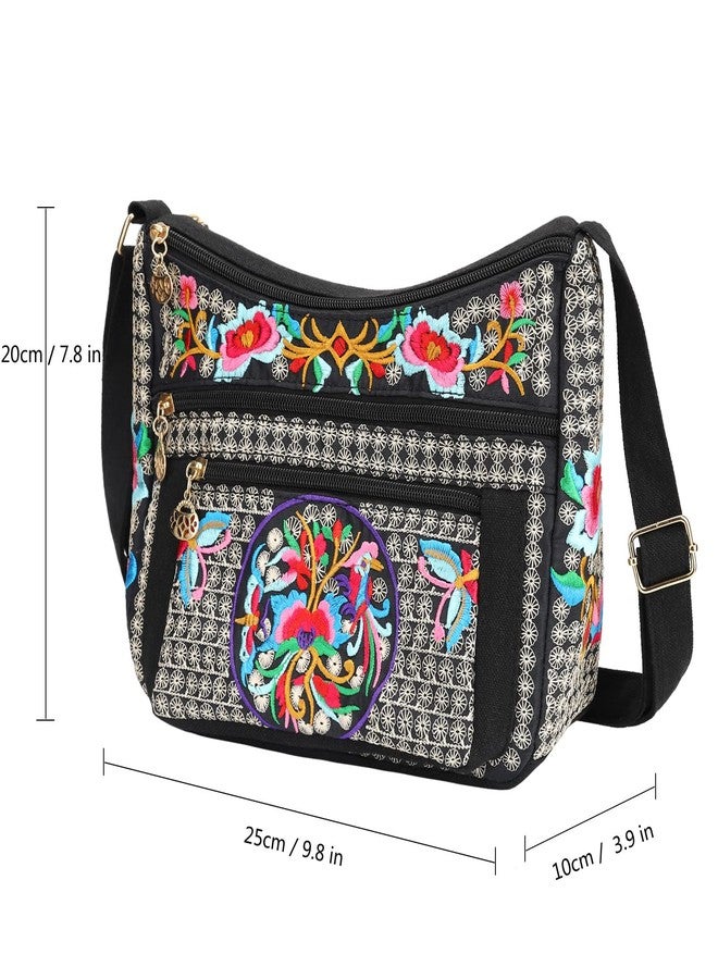 SILKAREA Embroidered Canvas 3 zip Small Crossbody Bag Cell Phone Purse Shoulder Wallet Handbags Wristlet Clutch Bag for Women (Large Red Flower) - Image 3