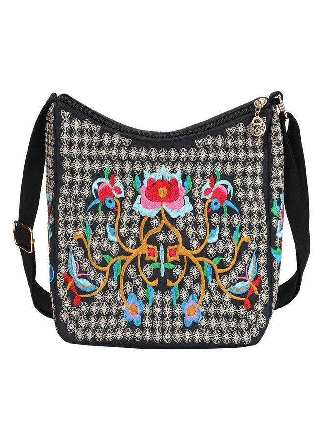 SILKAREA Embroidered Canvas 3 zip Small Crossbody Bag Cell Phone Purse Shoulder Wallet Handbags Wristlet Clutch Bag for Women (Large Red Flower) - Image 2