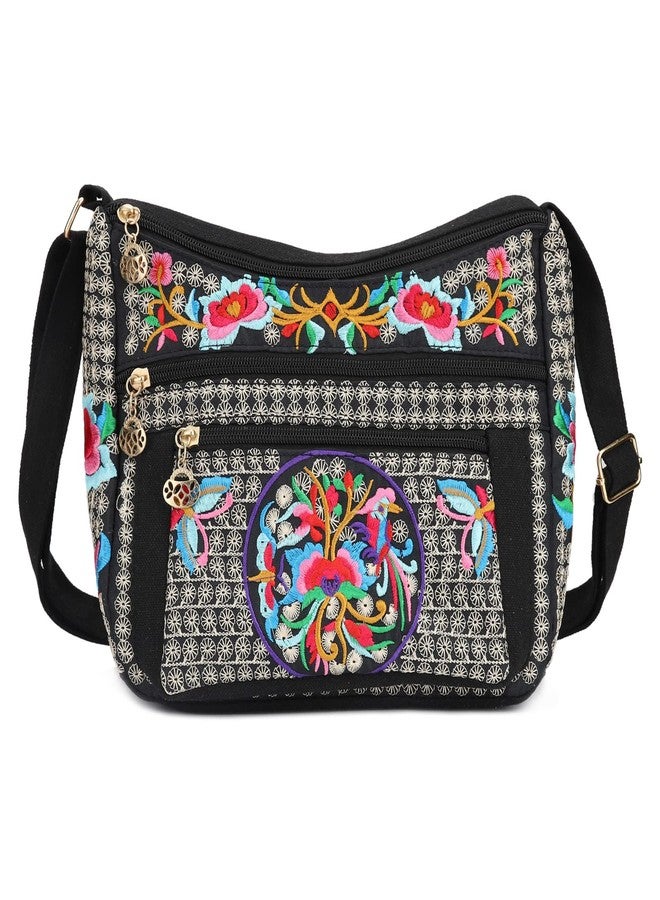 SILKAREA Embroidered Canvas 3 zip Small Crossbody Bag Cell Phone Purse Shoulder Wallet Handbags Wristlet Clutch Bag for Women (Large Red Flower) - Image 1