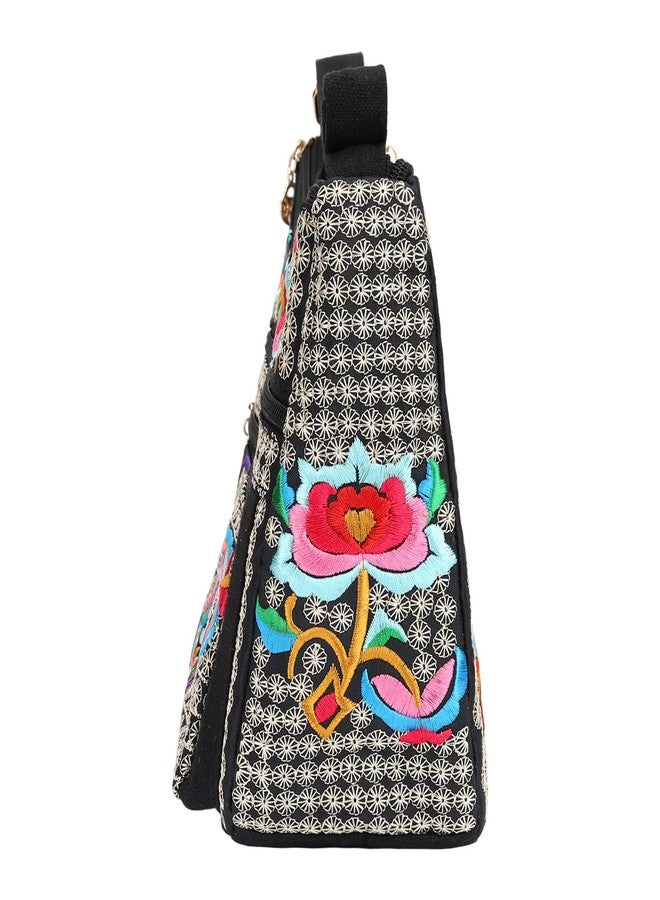 SILKAREA Embroidered Canvas 3 zip Small Crossbody Bag Cell Phone Purse Shoulder Wallet Handbags Wristlet Clutch Bag for Women (Large Red Flower) - Image 5