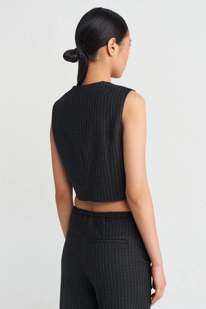 Dilvin Black DILVIN Striped Crop Waistcoat With Button Front for Women | Best Price UAE